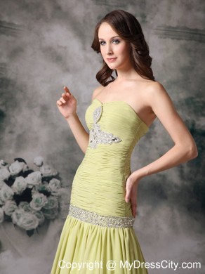 Yellow Green Mermaid Chiffon Beaded Prom Dress with Court Train