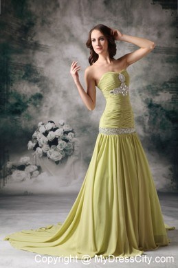 Yellow Green Mermaid Chiffon Beaded Prom Dress with Court Train