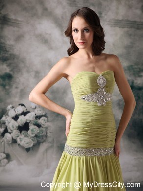 Yellow Green Mermaid Chiffon Beaded Prom Dress with Court Train