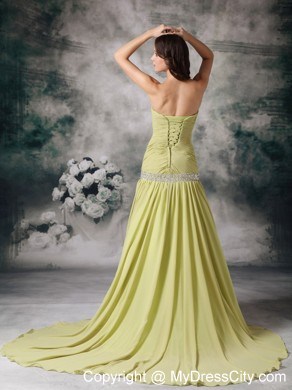 Yellow Green Mermaid Chiffon Beaded Prom Dress with Court Train