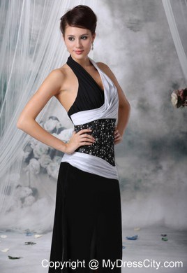 Halter Beaded Waist White and Black Floor-length Prom Dress