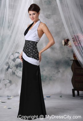 Halter Beaded Waist White and Black Floor-length Prom Dress