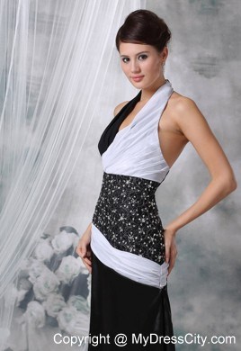 Halter Beaded Waist White and Black Floor-length Prom Dress