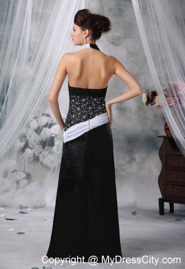 Halter Beaded Waist White and Black Floor-length Prom Dress