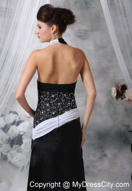 Halter Beaded Waist White and Black Floor-length Prom Dress