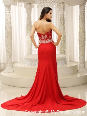 High Slit Sweetheart Appliques Decorated Bust Red Prom Gown