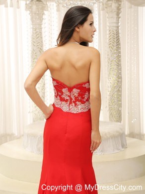 High Slit Sweetheart Appliques Decorated Bust Red Prom Gown