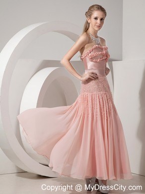 Strapless Light Pink Column Ankle-length Beaded Prom Dress