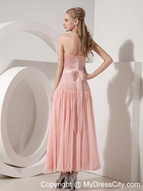 Strapless Light Pink Column Ankle-length Beaded Prom Dress