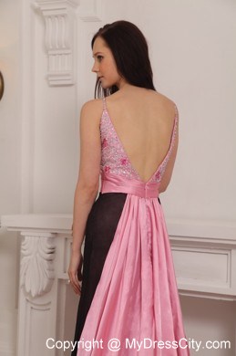 Pink and Black Column Straps Brush Train Beaded Prom Gown