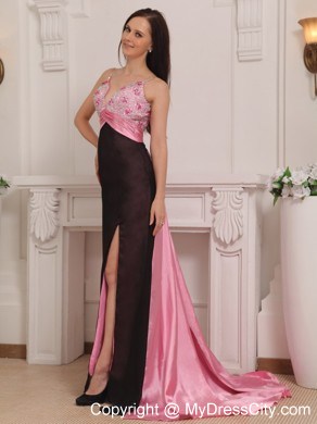 Pink and Black Column Straps Brush Train Beaded Prom Gown