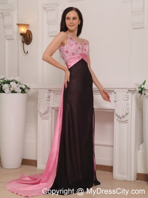 Pink and Black Column Straps Brush Train Beaded Prom Gown