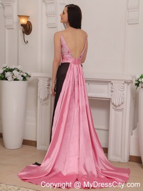 Pink and Black Column Straps Brush Train Beaded Prom Gown