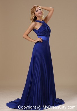 Backless V-neck Brush Train Royal Blue Pleated Dress for Prom