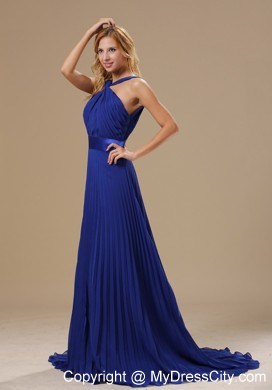 Backless V-neck Brush Train Royal Blue Pleated Dress for Prom