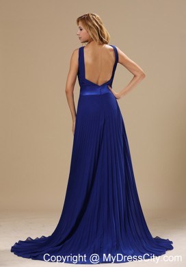 Backless V-neck Brush Train Royal Blue Pleated Dress for Prom