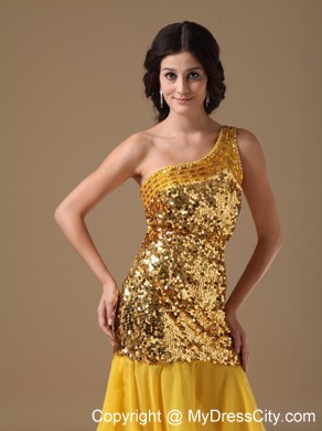 Sparkling Gold One Shoulder Knee-length Sequined Dress for Prom