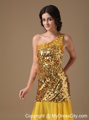 Sparkling Gold One Shoulder Knee-length Sequined Dress for Prom