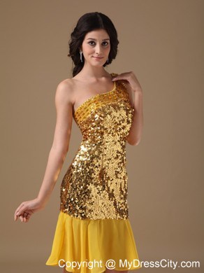 Sparkling Gold One Shoulder Knee-length Sequined Dress for Prom