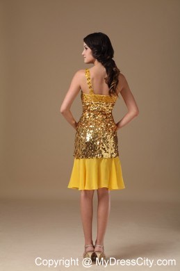 Sparkling Gold One Shoulder Knee-length Sequined Dress for Prom