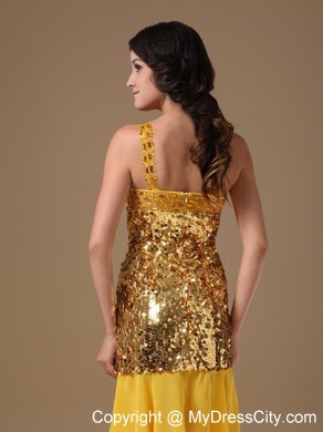 Sparkling Gold One Shoulder Knee-length Sequined Dress for Prom