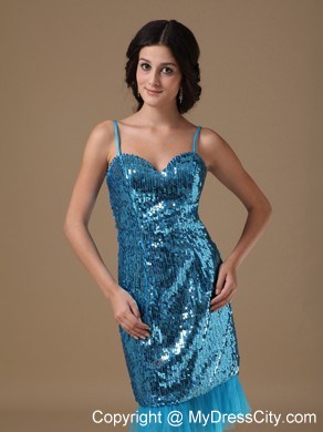 Twinkling Teal Column Straps Knee-length Sequined Prom Dress