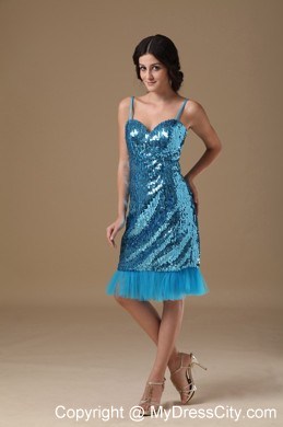 Twinkling Teal Column Straps Knee-length Sequined Prom Dress