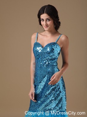 Twinkling Teal Column Straps Knee-length Sequined Prom Dress