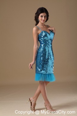 Twinkling Teal Column Straps Knee-length Sequined Prom Dress