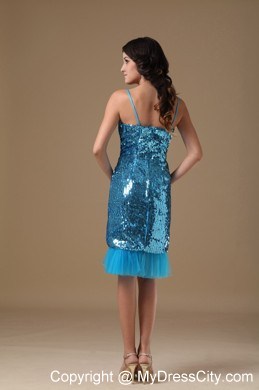 Twinkling Teal Column Straps Knee-length Sequined Prom Dress