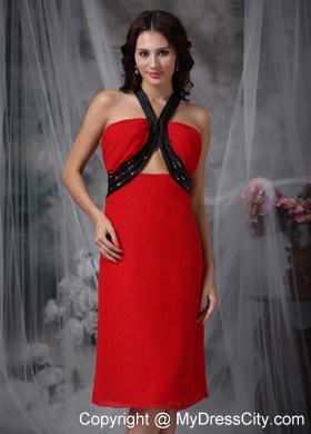 Red Column V-neck Tea-length Prom Dress with Stomach Cutout