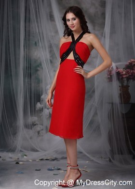 Red Column V-neck Tea-length Prom Dress with Stomach Cutout