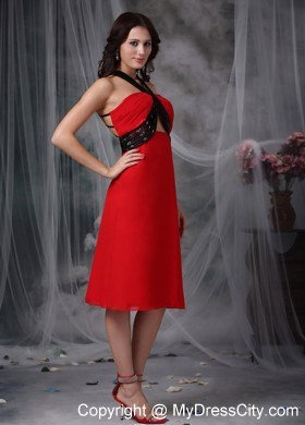 Red Column V-neck Tea-length Prom Dress with Stomach Cutout