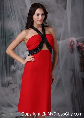 Red Column V-neck Tea-length Prom Dress with Stomach Cutout