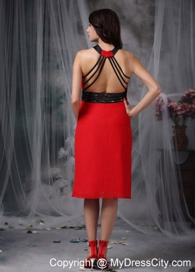 Red Column V-neck Tea-length Prom Dress with Stomach Cutout