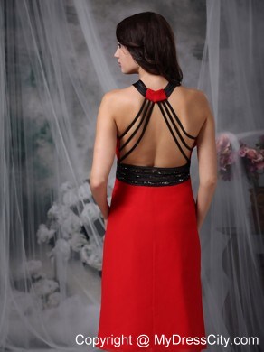 Red Column V-neck Tea-length Prom Dress with Stomach Cutout