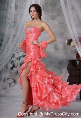 Beaded Decorated Bust Ruffles Watermelon High Slit Prom Dress