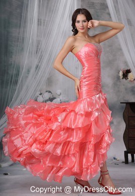 Beaded Decorated Bust Ruffles Watermelon High Slit Prom Dress