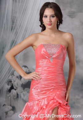 Beaded Decorated Bust Ruffles Watermelon High Slit Prom Dress