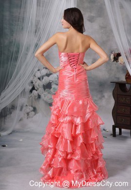 Beaded Decorated Bust Ruffles Watermelon High Slit Prom Dress