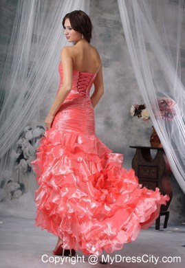 Beaded Decorated Bust Ruffles Watermelon High Slit Prom Dress