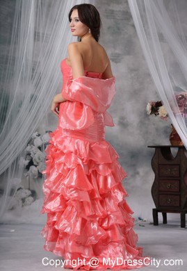 Beaded Decorated Bust Ruffles Watermelon High Slit Prom Dress