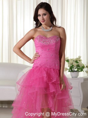 Pink A-Line Sweetheart High-low Organza Beaded Prom Dress