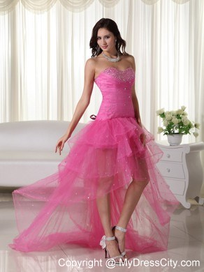 Pink A-Line Sweetheart High-low Organza Beaded Prom Dress