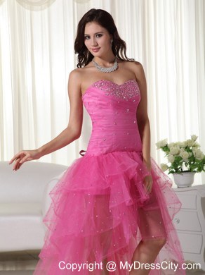 Pink A-Line Sweetheart High-low Organza Beaded Prom Dress