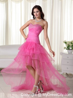 Pink A-Line Sweetheart High-low Organza Beaded Prom Dress