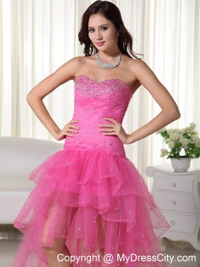 Pink A-Line Sweetheart High-low Organza Beaded Prom Dress