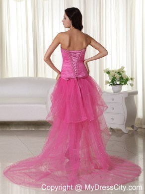 Pink A-Line Sweetheart High-low Organza Beaded Prom Dress