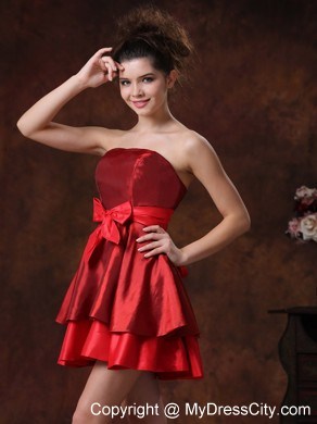 Mini-length Strapless Taffeta Red Prom Dress with Cute Bowknot