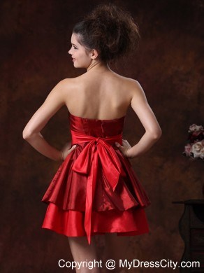 Mini-length Strapless Taffeta Red Prom Dress with Cute Bowknot